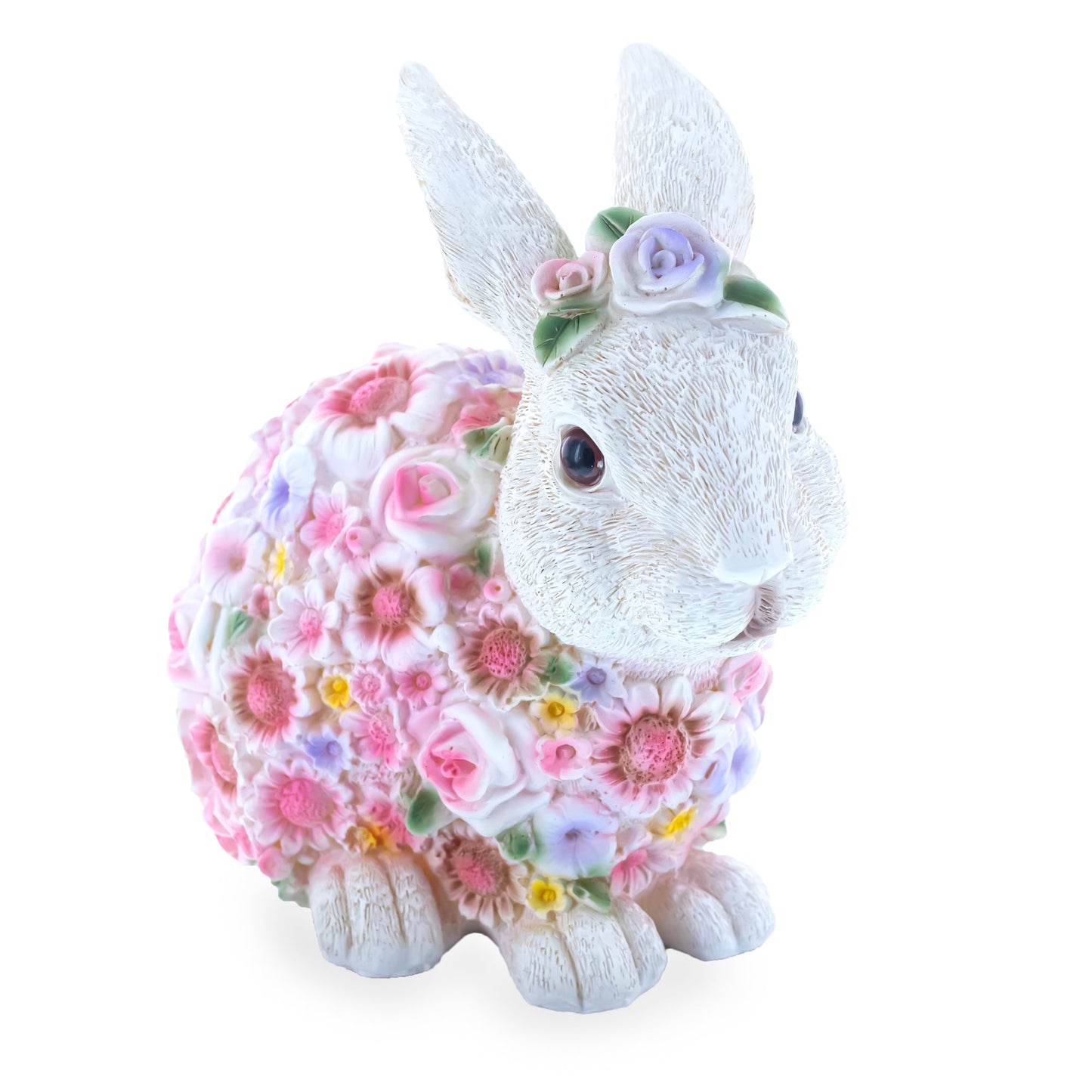 Hand Painted Resin Bunny With Elegant Garden Blooms 7.1 Inches Tall