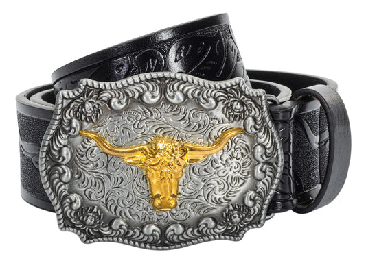Longhorn Bull Head & Floral Engraved Belt (31"-34")