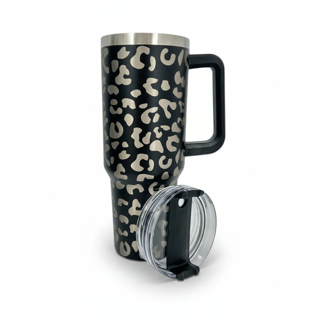 Engraved Leopard Print 40 oz Tumbler with Handle and Straw Lid