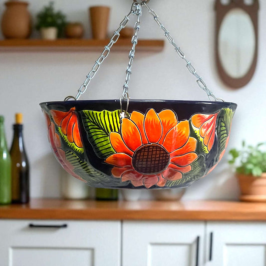 Vibrant Talavera Sunflower Hanging Planter | Artisan Pot