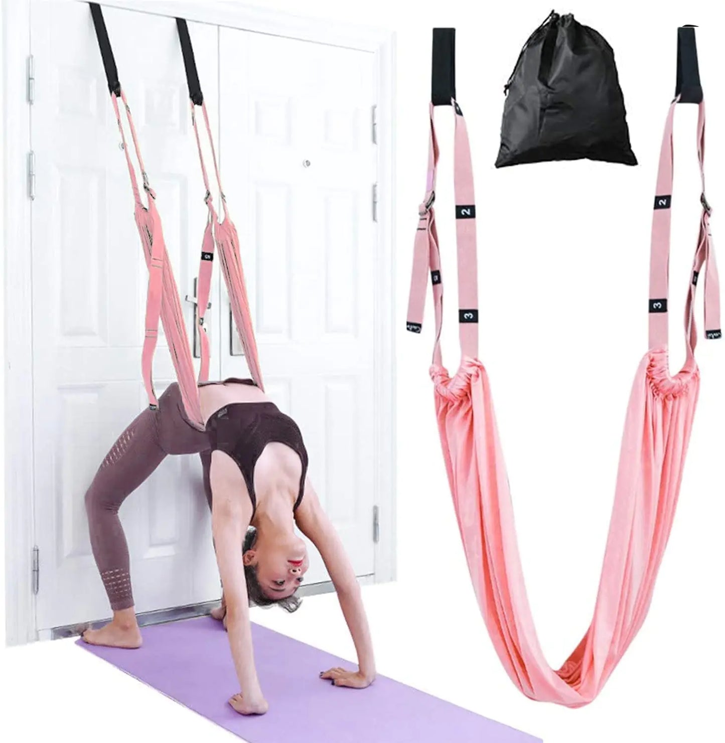 Yoga Stretching Strap Adjustable Height Leg Stretcher Waist Back Stretch Band Aerial Yoga Anti-gravity Inversion Exercises Door Flexibility Tensile Trainer for Rehab Pilates Dance Splits (Pink)