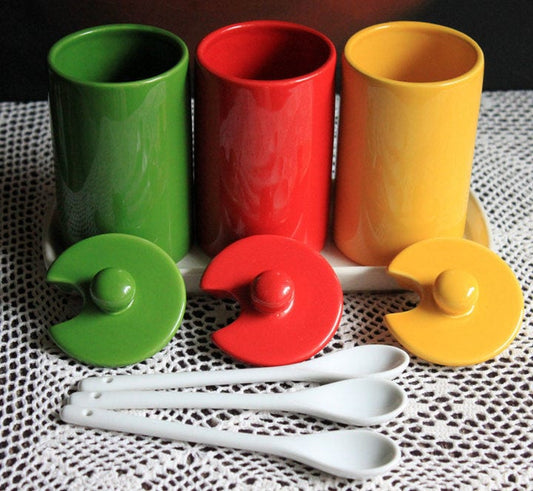 Porcelain Condiment Jars with Spoons and Tray