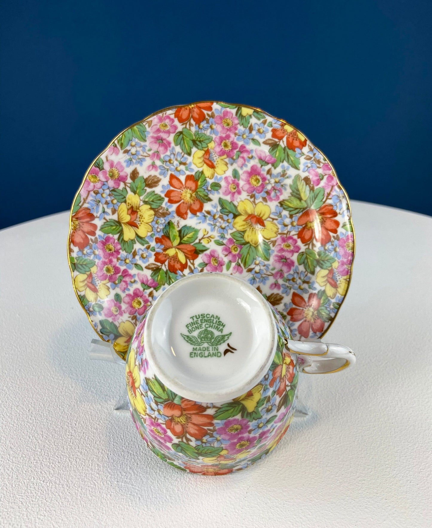 Vintage Tuscan Cup & Saucer – Hand-Painted Floral Tea Set