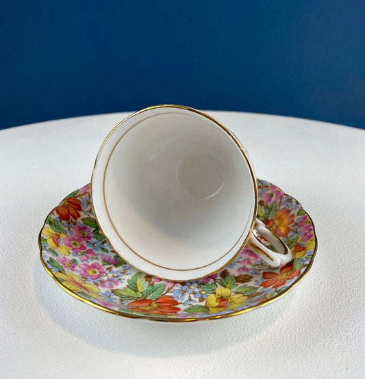 Vintage Tuscan Cup & Saucer – Hand-Painted Floral Tea Set