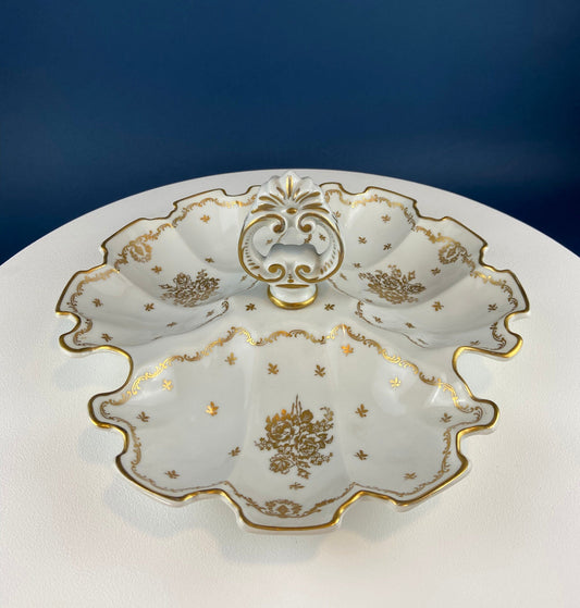 Antique Limoges Porcelain Divided Bowl: Gold Floral Motif, Scalloped Rim