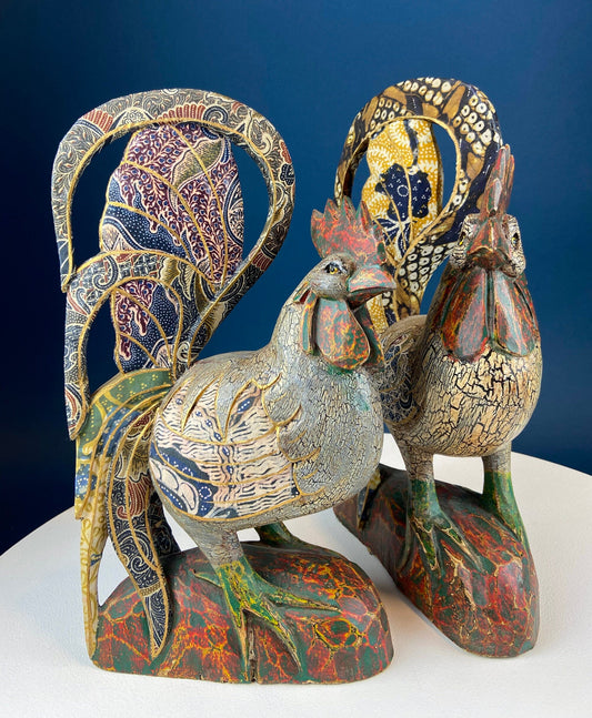 Set of 2 Hand-Carved Wooden Rooster Figurines
