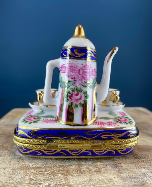 "Teatime" Porcelain Limoges Box – Miniature Tea Setting with Floral Motif