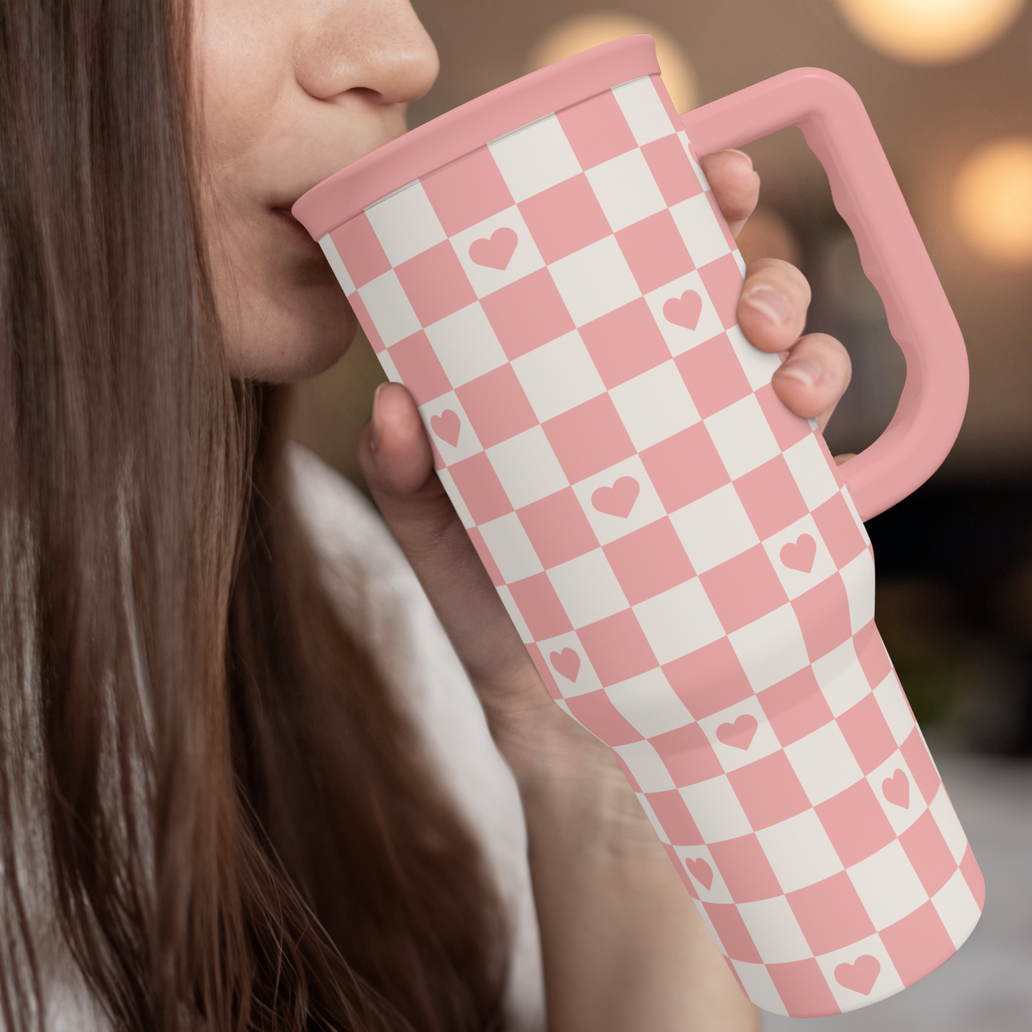 40oz Checkered and Heart Tumbler with Handle and Straw - Insulated Stainless Steel Travel Coffee Mug for Women Girls, Gift for Birthday, Christmas
