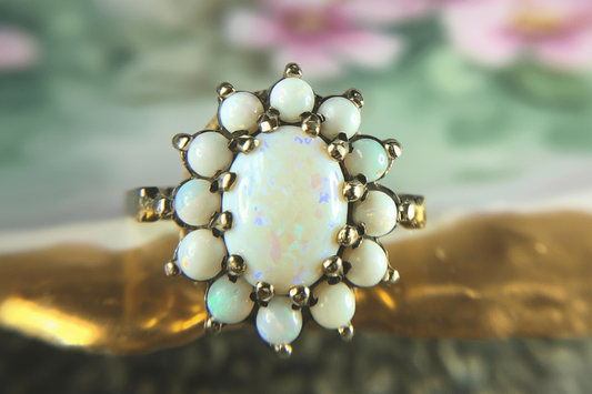 Vintage 10K Gold Cluster Ring – 13 Natural Opal Stones