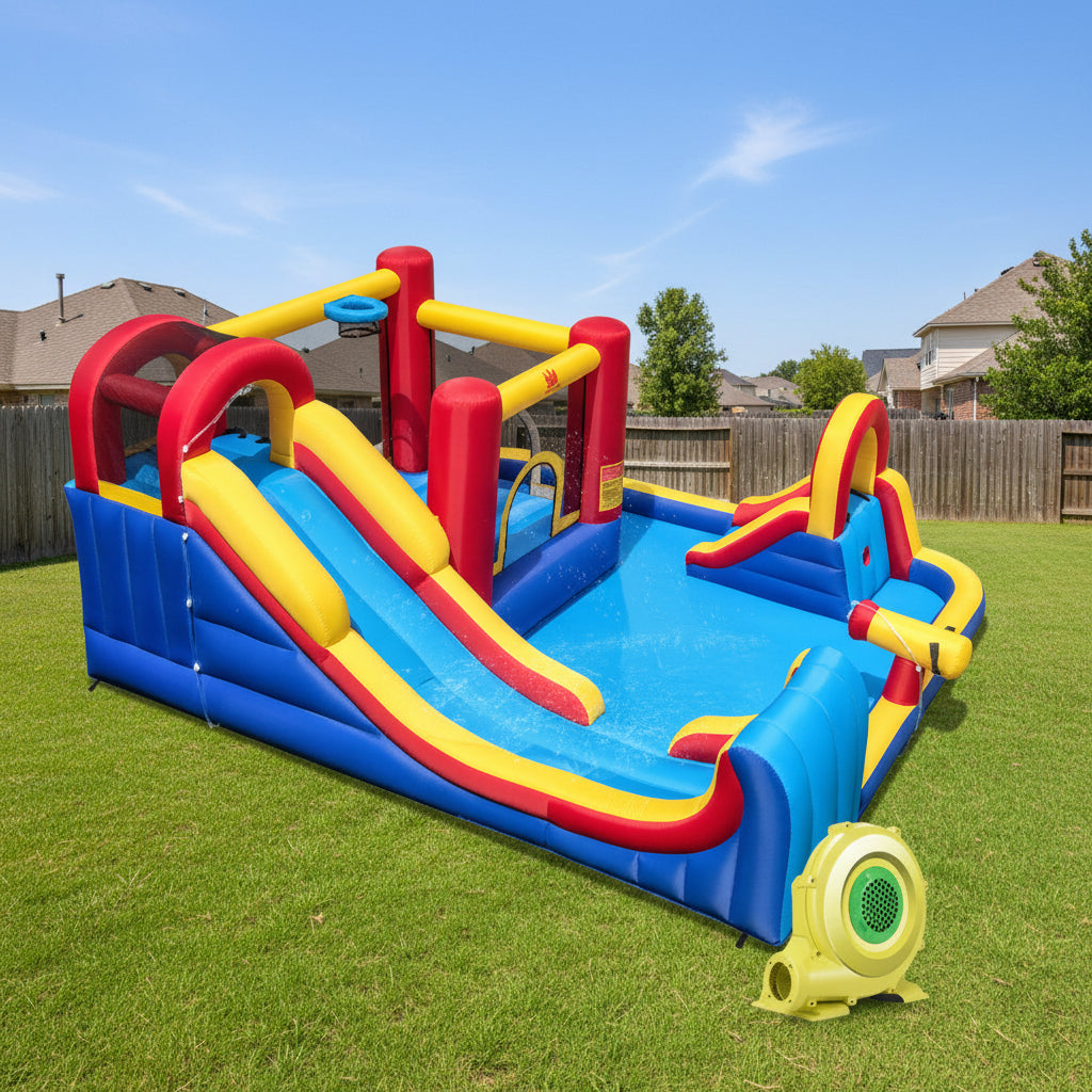 7 in 1 Outdoor Inflatable Bounce House with Water Slides and Splash Pools with 735W Blower