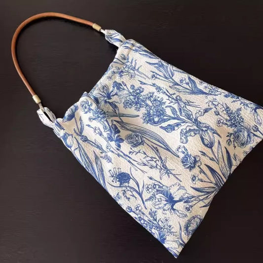 Retro Blue & White Porcelain Floral Hobo Bag