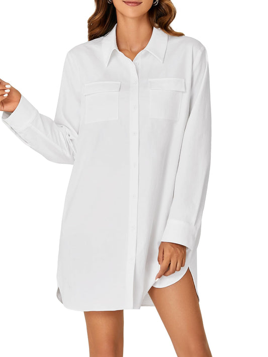 Women’s Button-Down Shirt Dress – Long Sleeve Collared Tunic with Pockets
