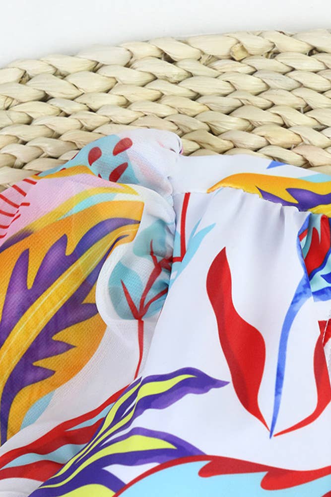 Puff Sleeve Cut Out Floral Swimsuit
