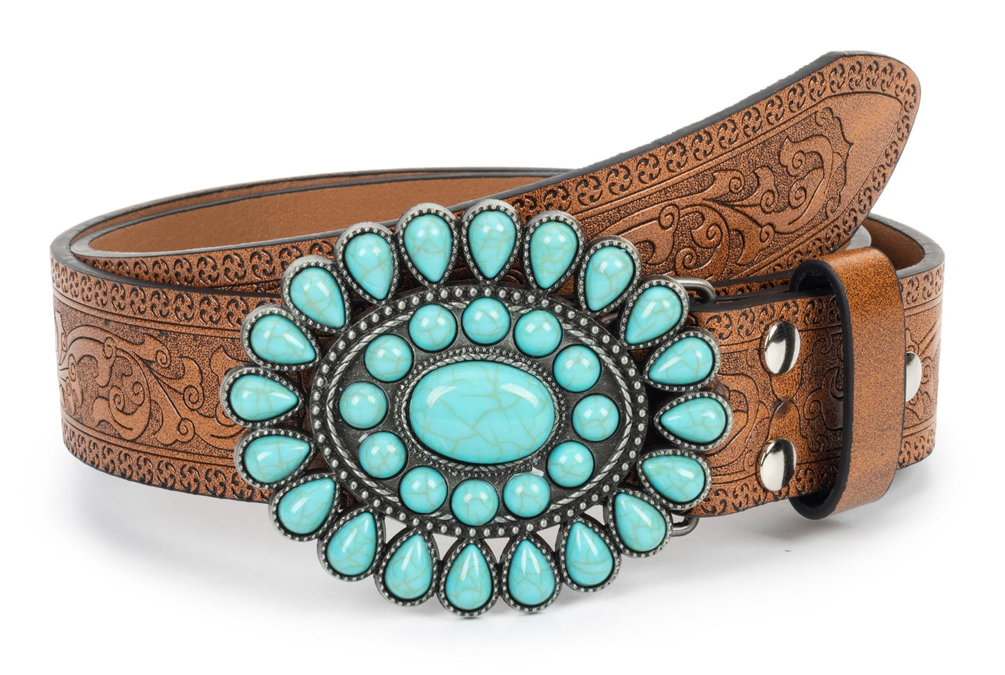 Turquoise Buckle Leather Belt | Size 28"-38"