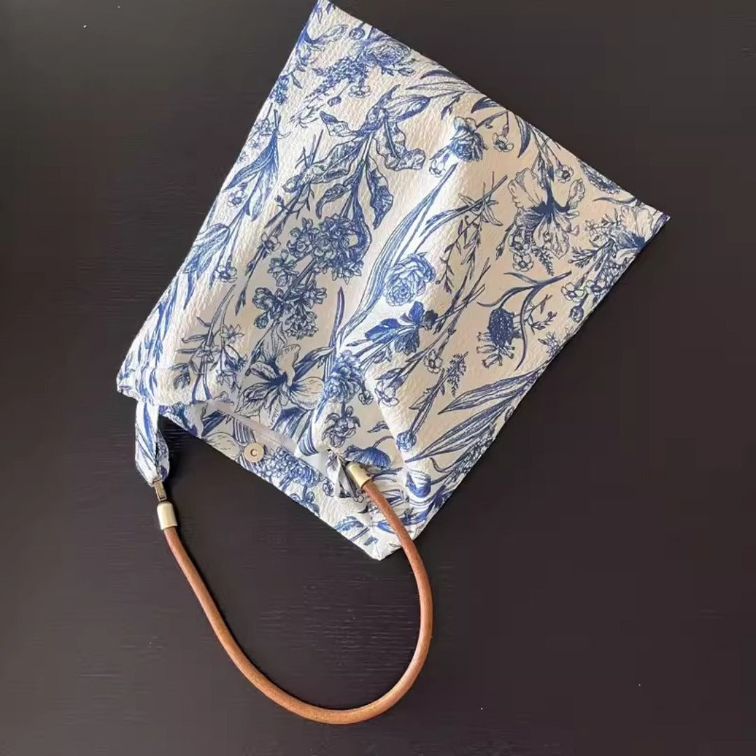 Retro Blue & White Porcelain Floral Hobo Bag
