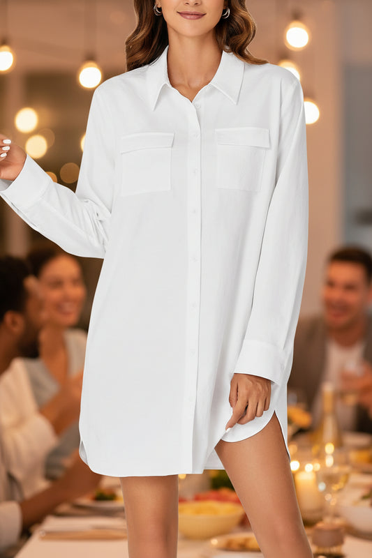 Women’s Button-Down Shirt Dress – Long Sleeve Collared Tunic with Pockets
