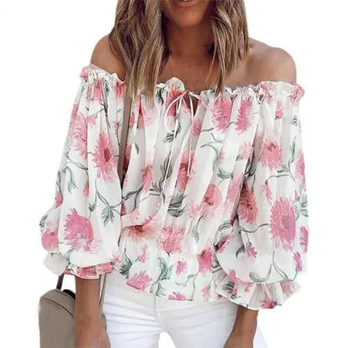 Women's Off-Shoulder Chiffon Print Long Sleeve Top *Multiple Colors