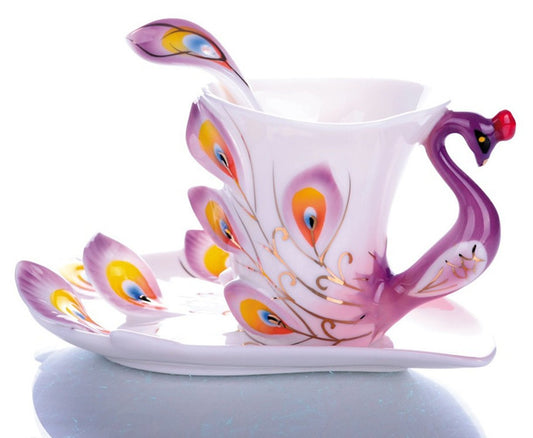 Peacock Porcelain Teacup, Saucer & Spoon Set