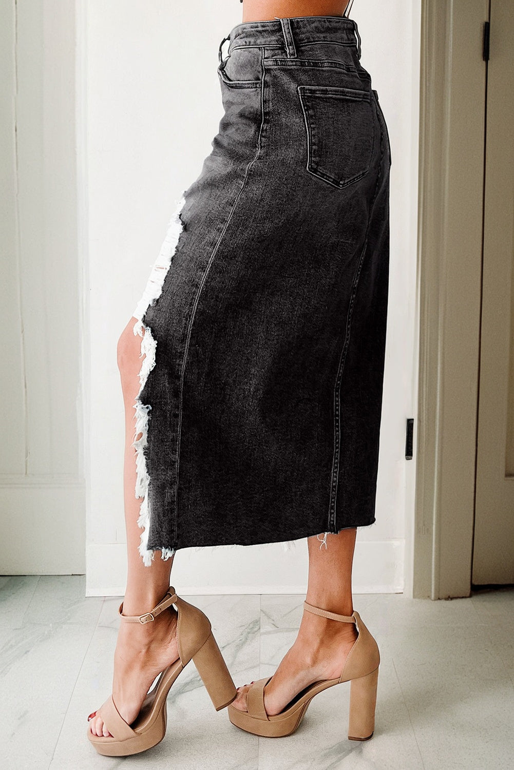 Denim Asymmetrical Distressed Midi Skirt