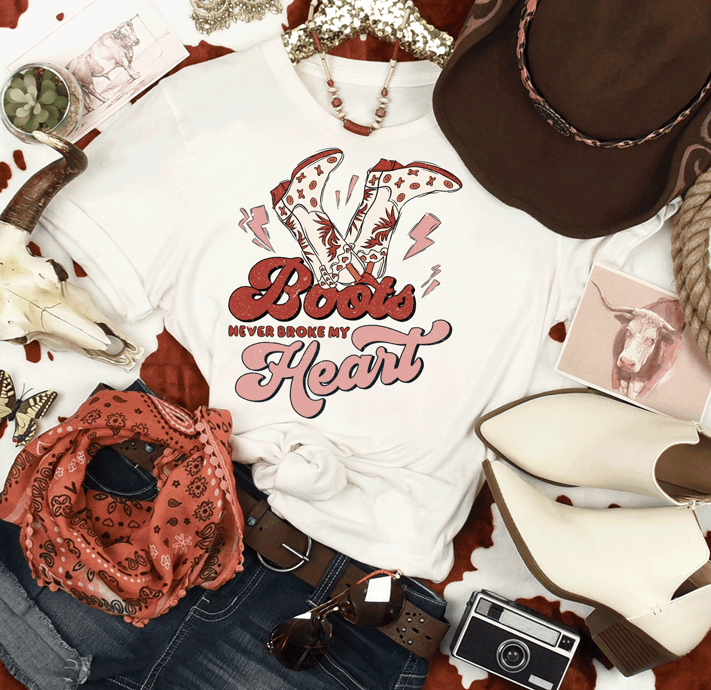 Boots never broke my heart Cowgirl Comfort Colors Western Shirts Rodeo Shirts Cowboy Tees
