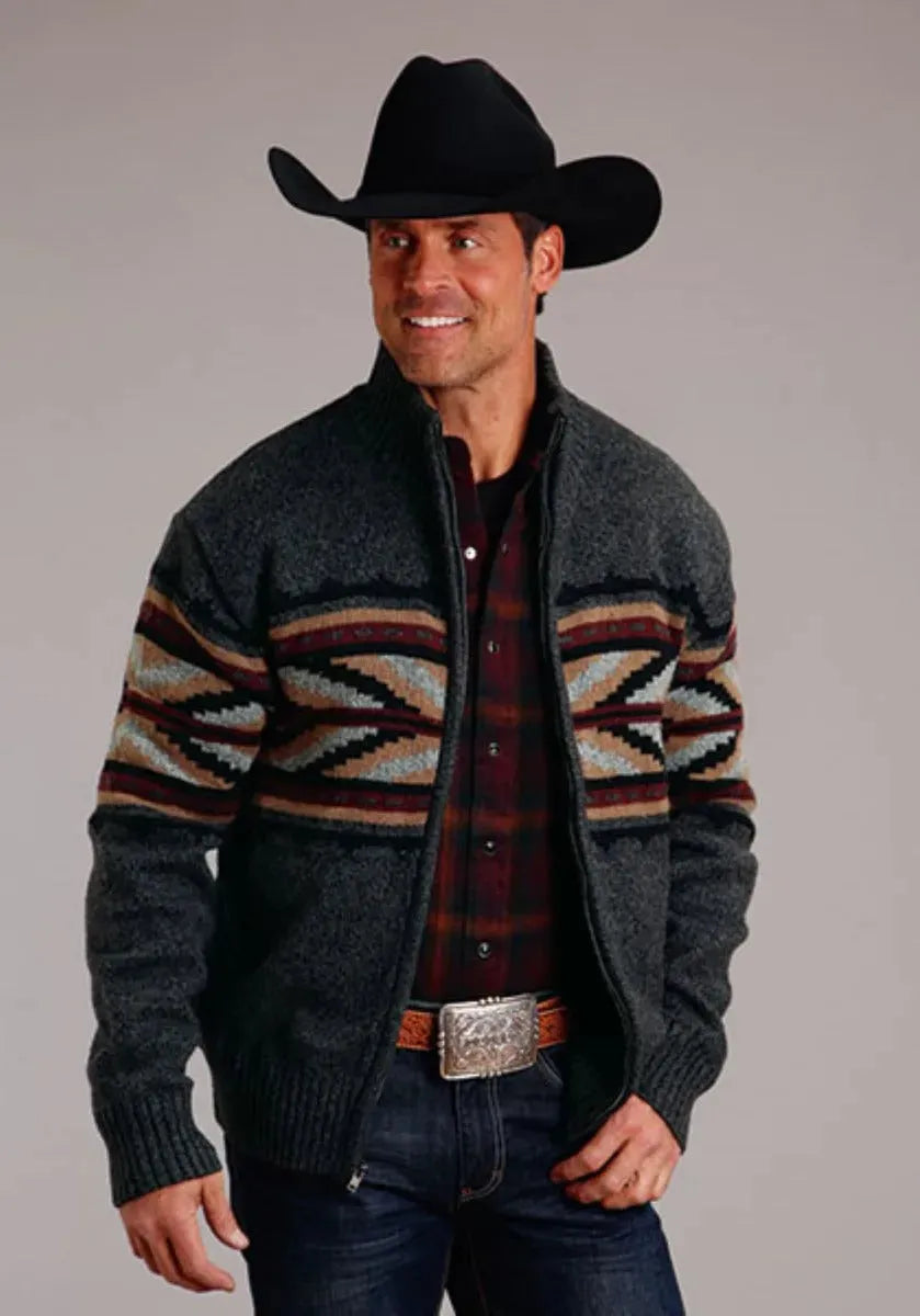 Stetson Arrow Border (Grey) - Men's Wool Blended Sweater