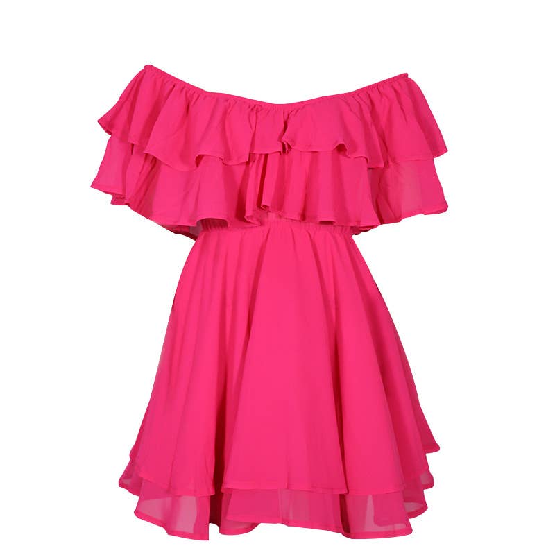 Hot Pink Chiffon Off the Shoulder Ruffle Mini Dress