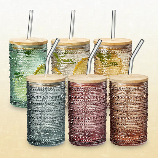 Tonal Hobnail Highball Glassware, With 6X Lids & Glass Straws, Set of 6