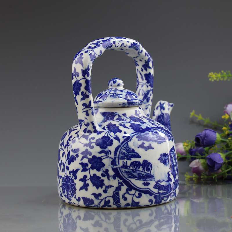 Antique Jingdezhen Ceramic Teapot with Blue Floral Design