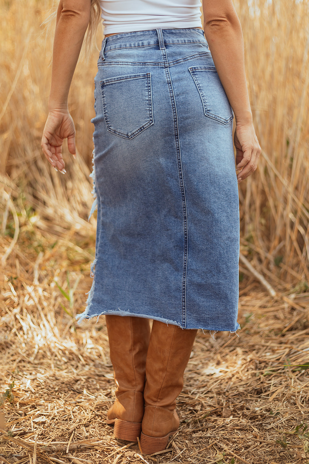 Denim Asymmetrical Distressed Midi Skirt
