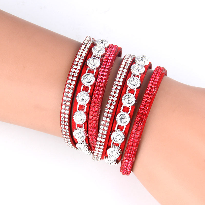 Vintage Rhinestone Layered Leather Bracelet