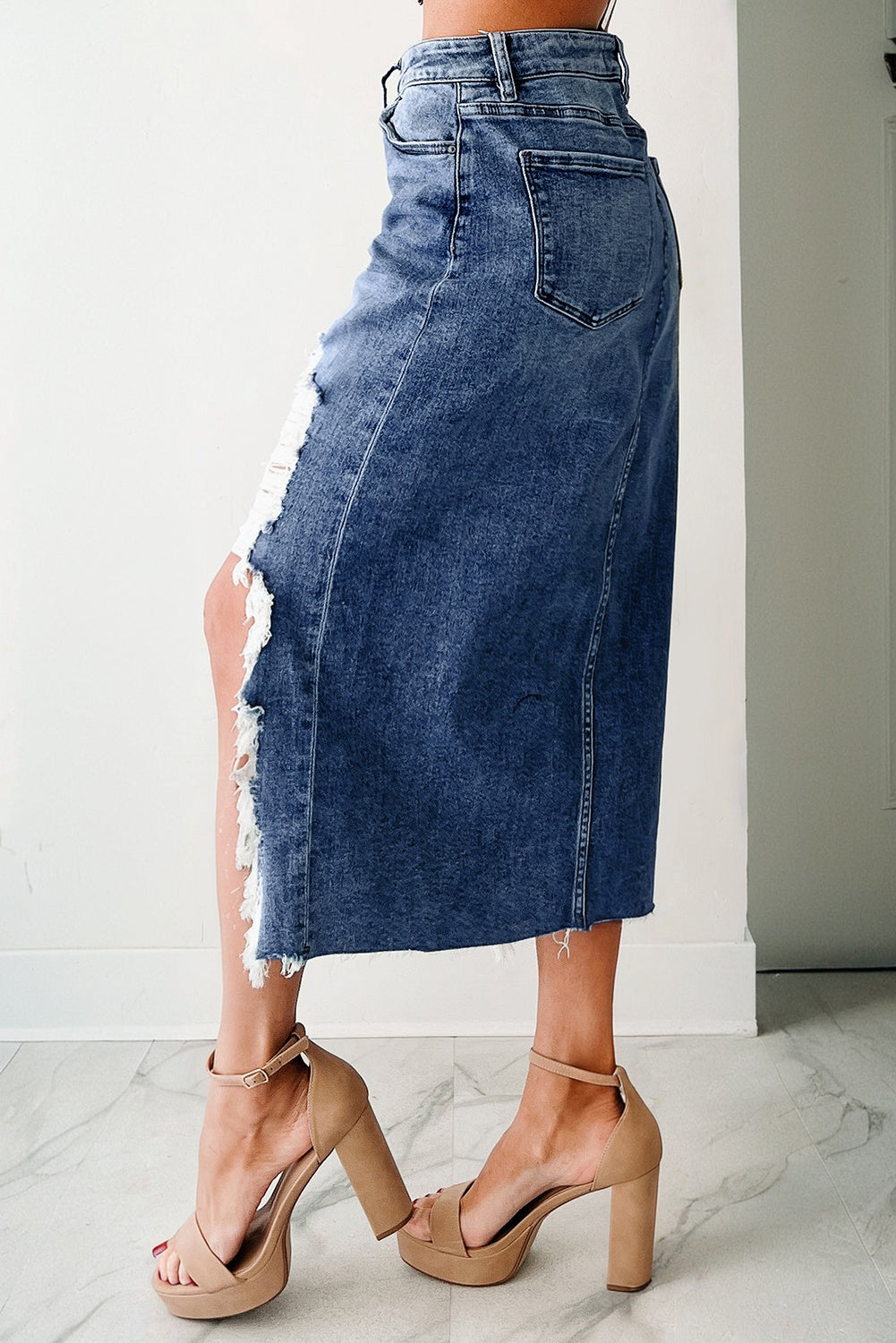 Denim Asymmetrical Distressed Midi Skirt