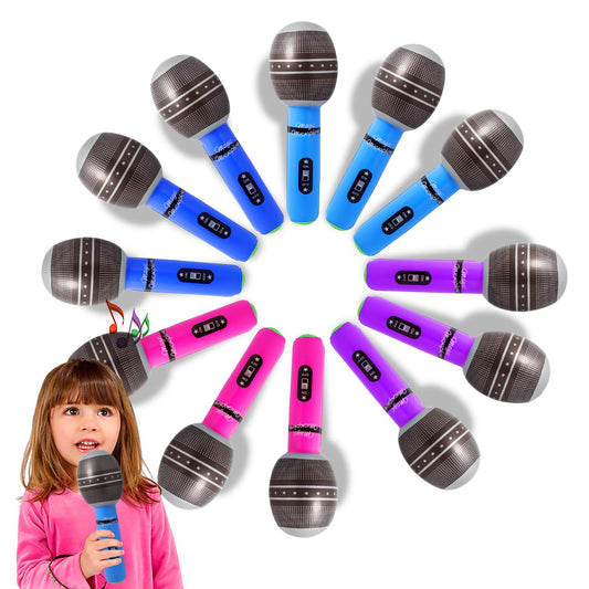 Novelty Place 12Pc Inflatable Microphone for Kids - Giant Blow Up Microphone Assorted Colors Rock Star Inflatable Microphone Props for 80s 90s Musical Concert Themed Party Favors(10 Inches)