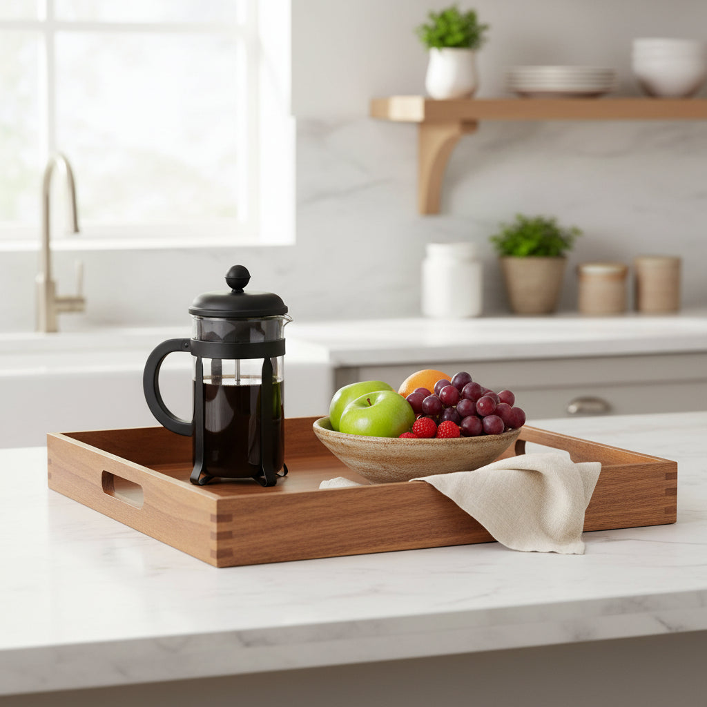 Extra Large 20" Acacia Wood Ottoman Tray with Handles