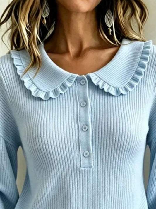 Ruffle Collar Button Detail Sweater