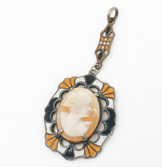 Antique Carved Woman Cameo Shell Enamel Sterling Silver Pendant