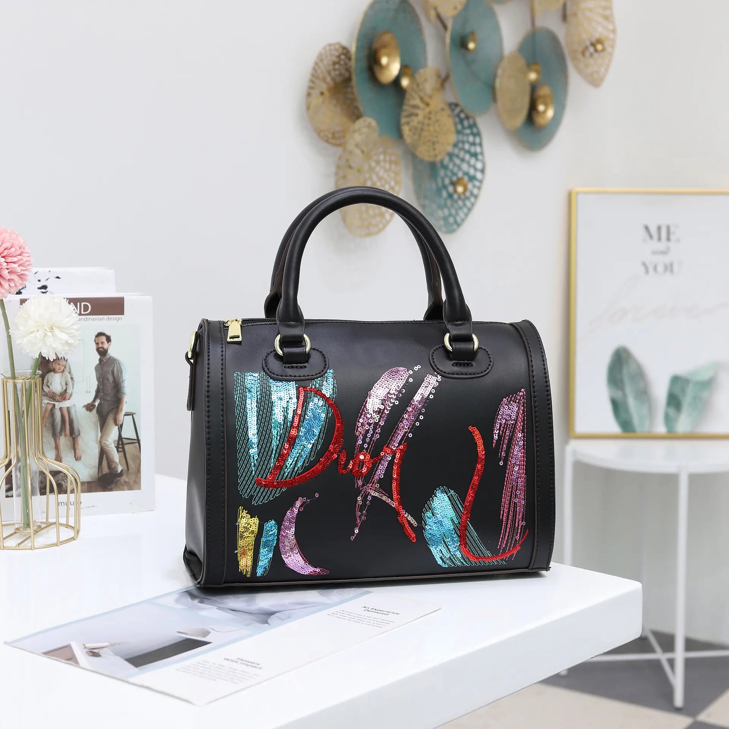 Sequin Embroidered Messenger Bag