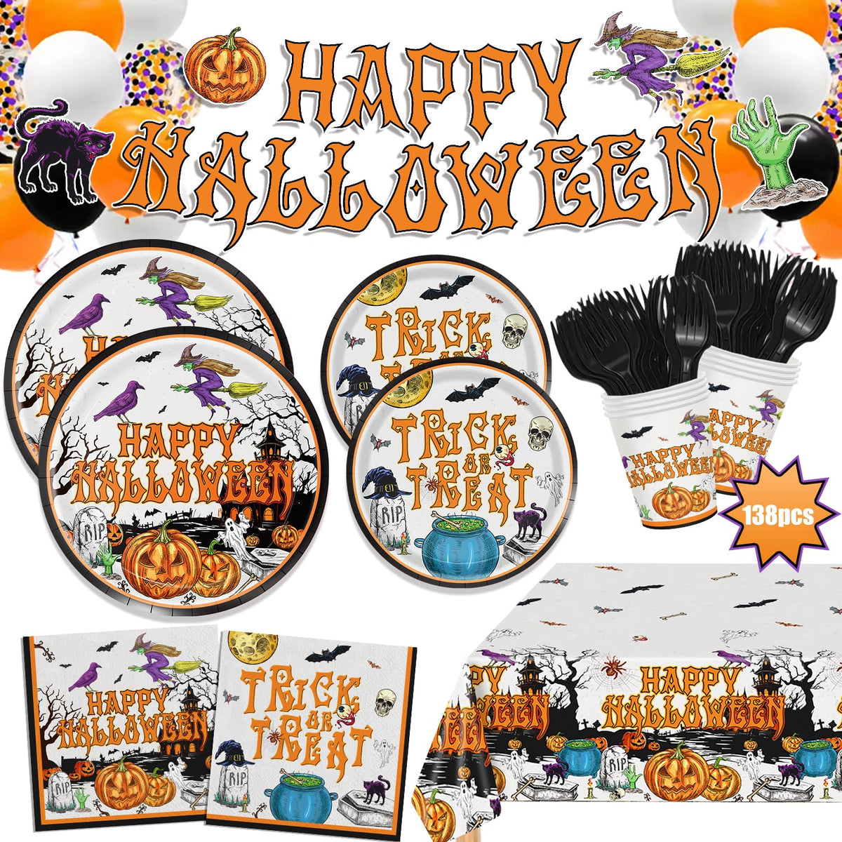 Halloween Party Supplies (138pcs; Serves 24)