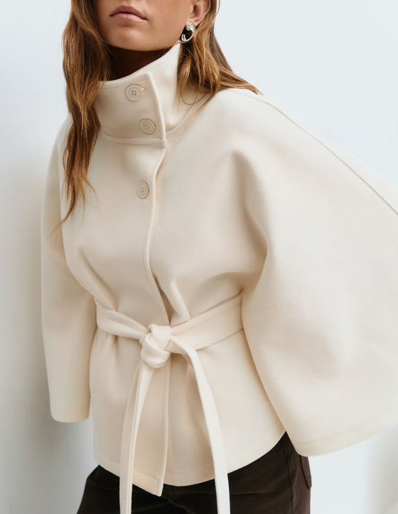 High Neck Batwing Sleeve Coat with Belt