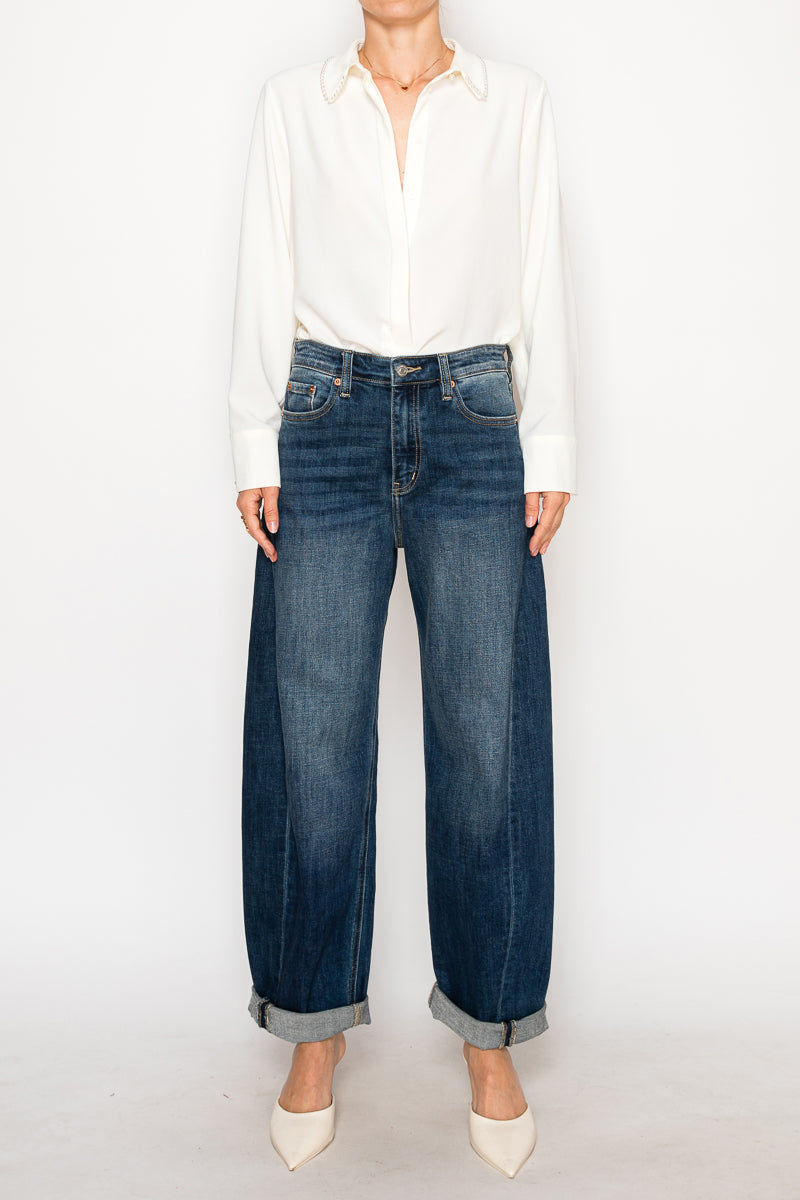 CLEO High Rise Relaxed Tapered Dark Wash Barrel Jeans