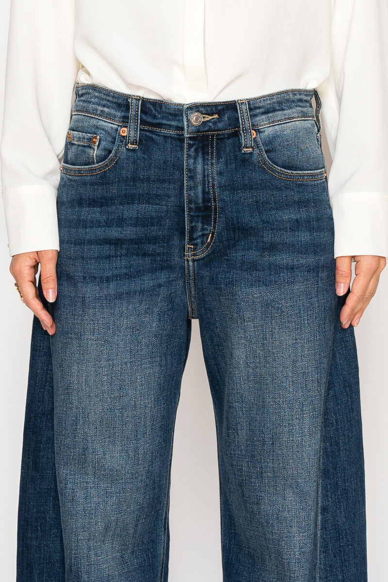 CLEO High Rise Relaxed Tapered Dark Wash Barrel Jeans