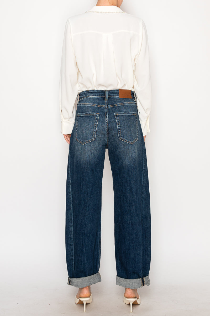 CLEO High Rise Relaxed Tapered Dark Wash Barrel Jeans