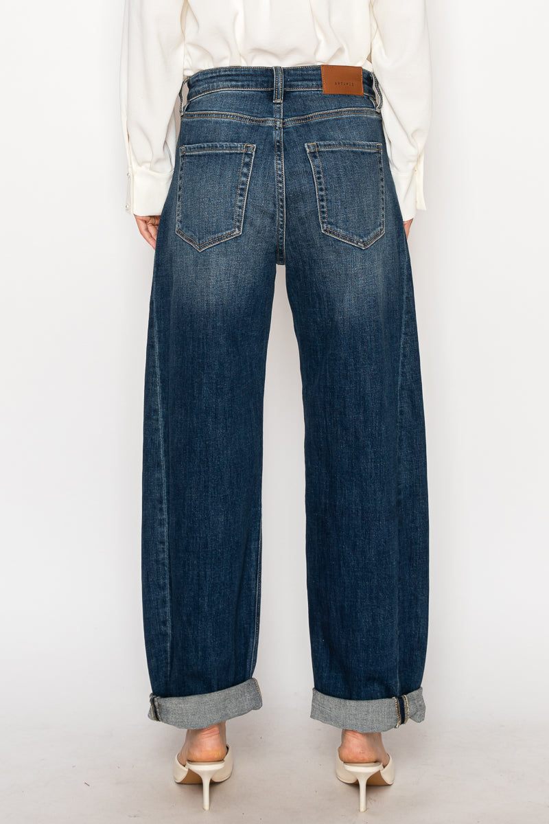 CLEO High Rise Relaxed Tapered Dark Wash Barrel Jeans