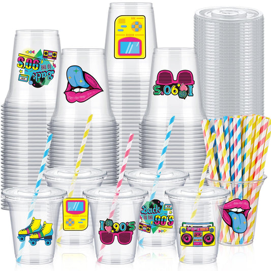 Qinyoung 60 Set 90s Plastic Cups with Lids and Straws 14oz Disco Theme Party Favors Supplies for Birthday Party Events