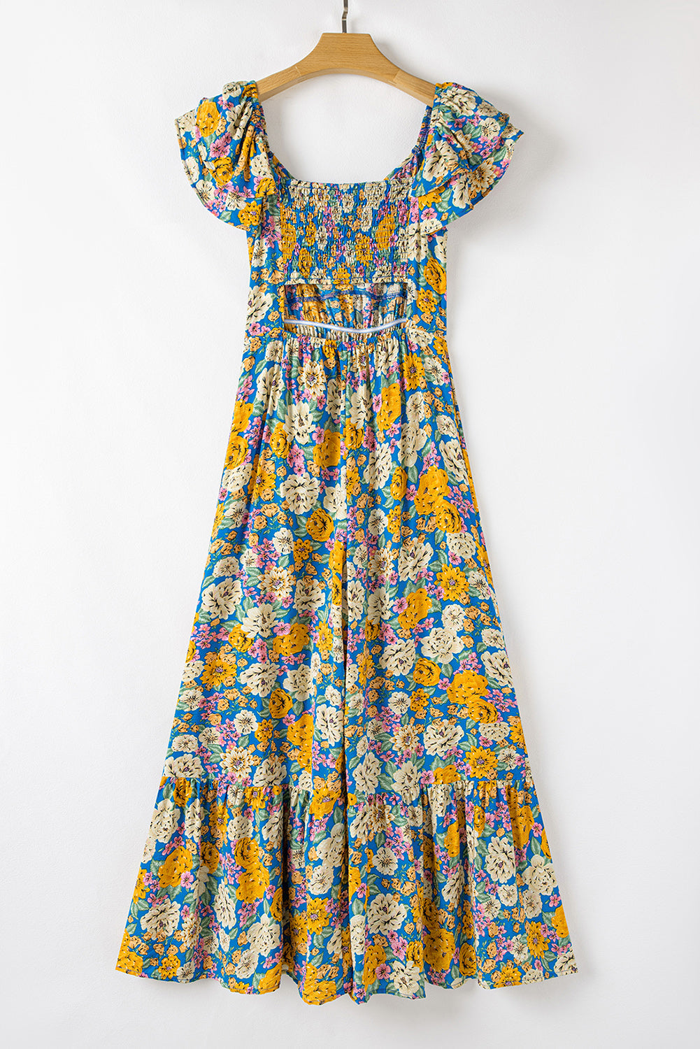 Floral Shirred High Waist Cut Out Jumpsuit