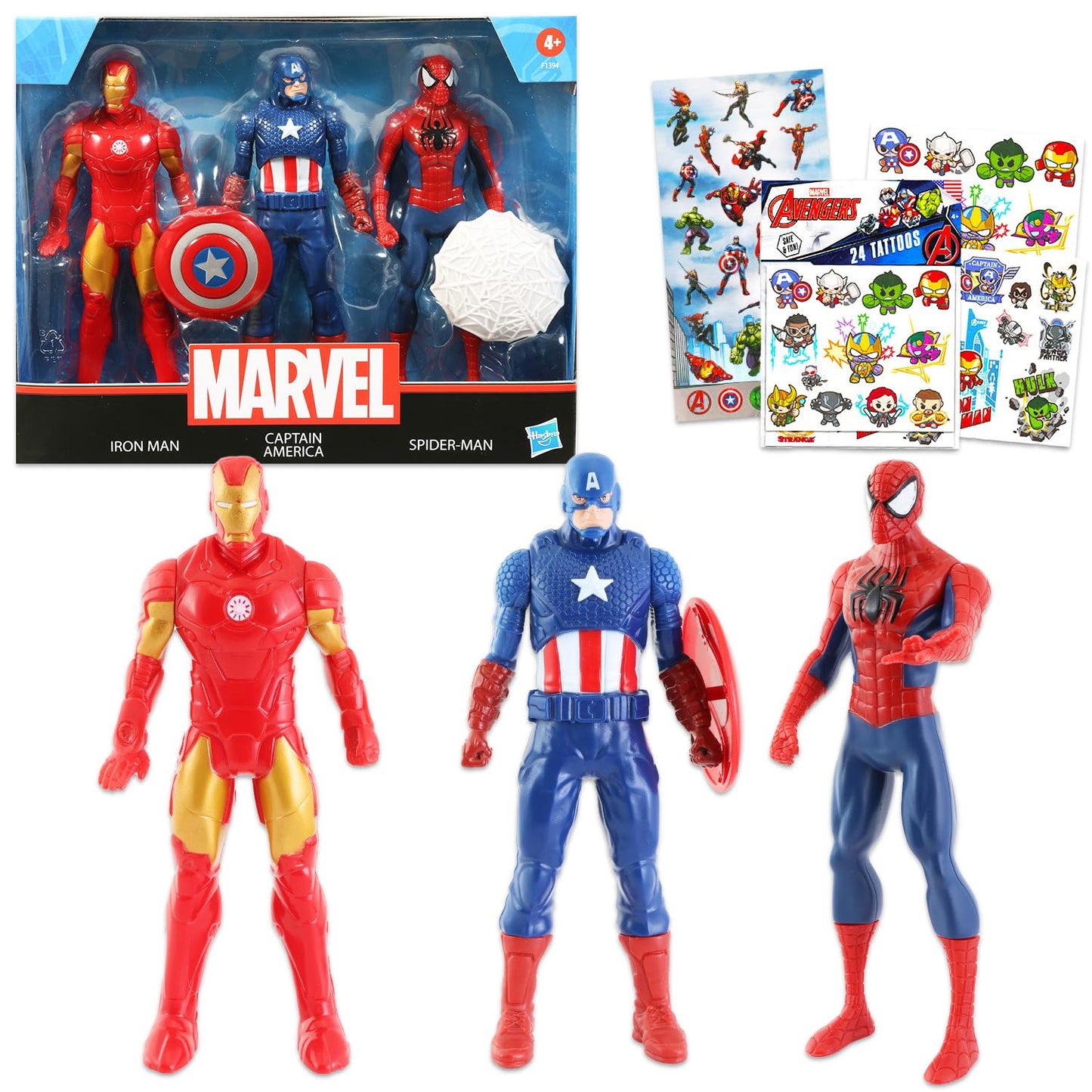 Avengers Action Figures Set - 3 Pack Marvel Action Figures Bundle with Iron Man Spiderman and Captain America Plus Stickers Tattoos | Avengers Figurines Set