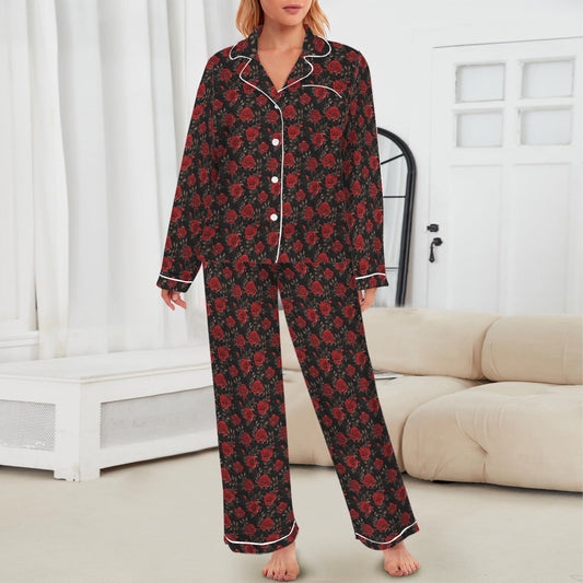 Baha Ranch “Colores De México” Red Roses Satin Pajama Set