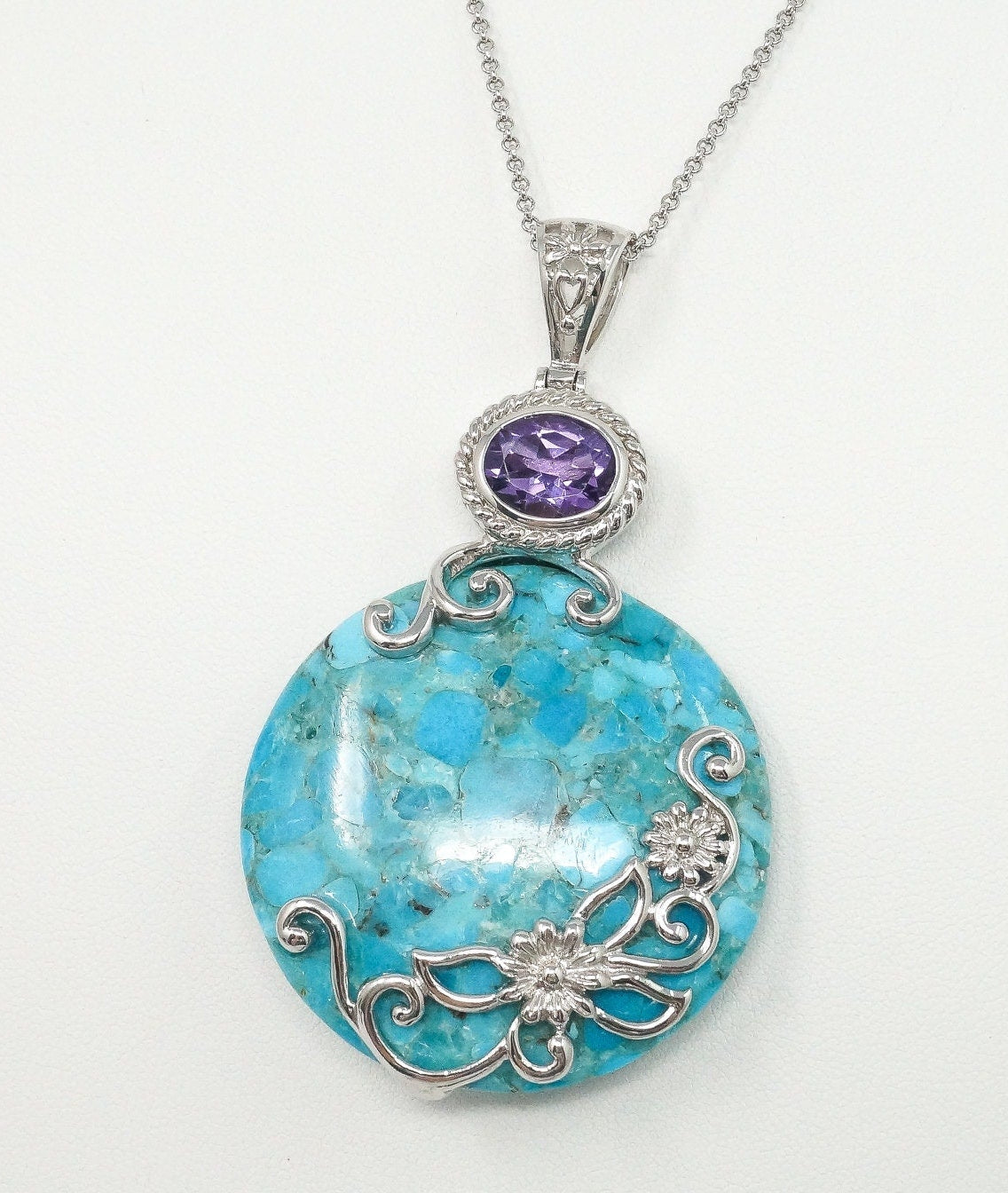 Large Blue Mojave Turquoise Amethyst Sterling Silver Necklace