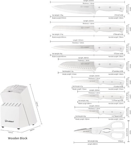 15-Piece White Kitchen Knife Set with Built-in Sharpening Stone