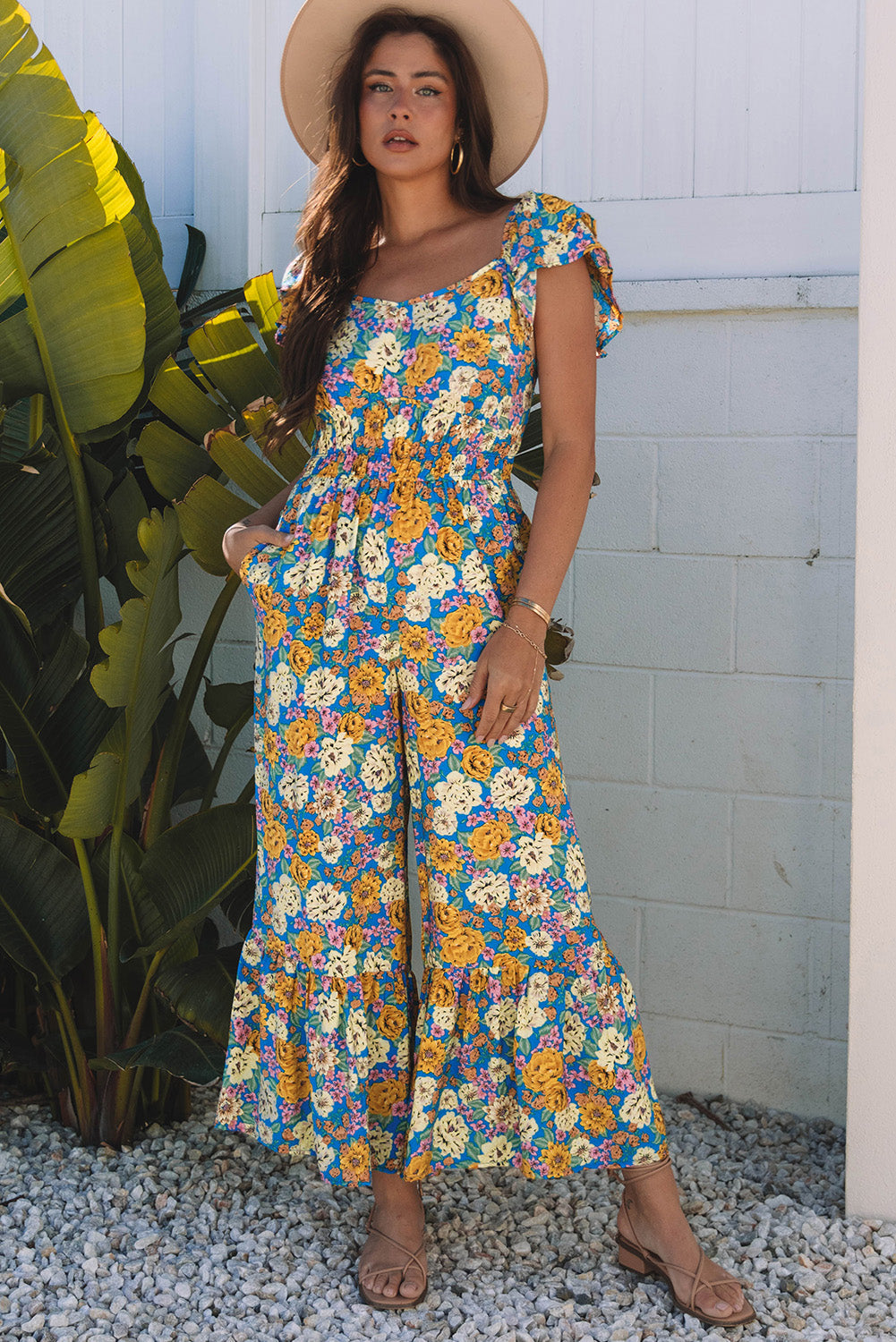 Floral Shirred High Waist Cut Out Jumpsuit