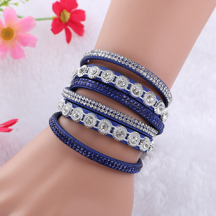 Vintage Rhinestone Layered Leather Bracelet